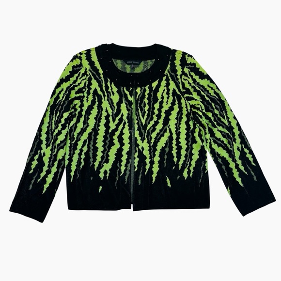 Ming Wang Sweaters - Ming Wang Open Front Cardigan Sweater Abstract Zebra Print Lime Green Black PXL